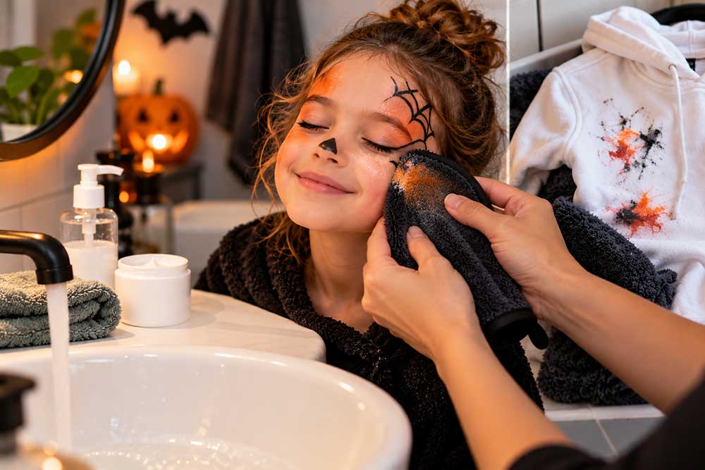 Schmink verwijderen na Halloween (huid en kleding)