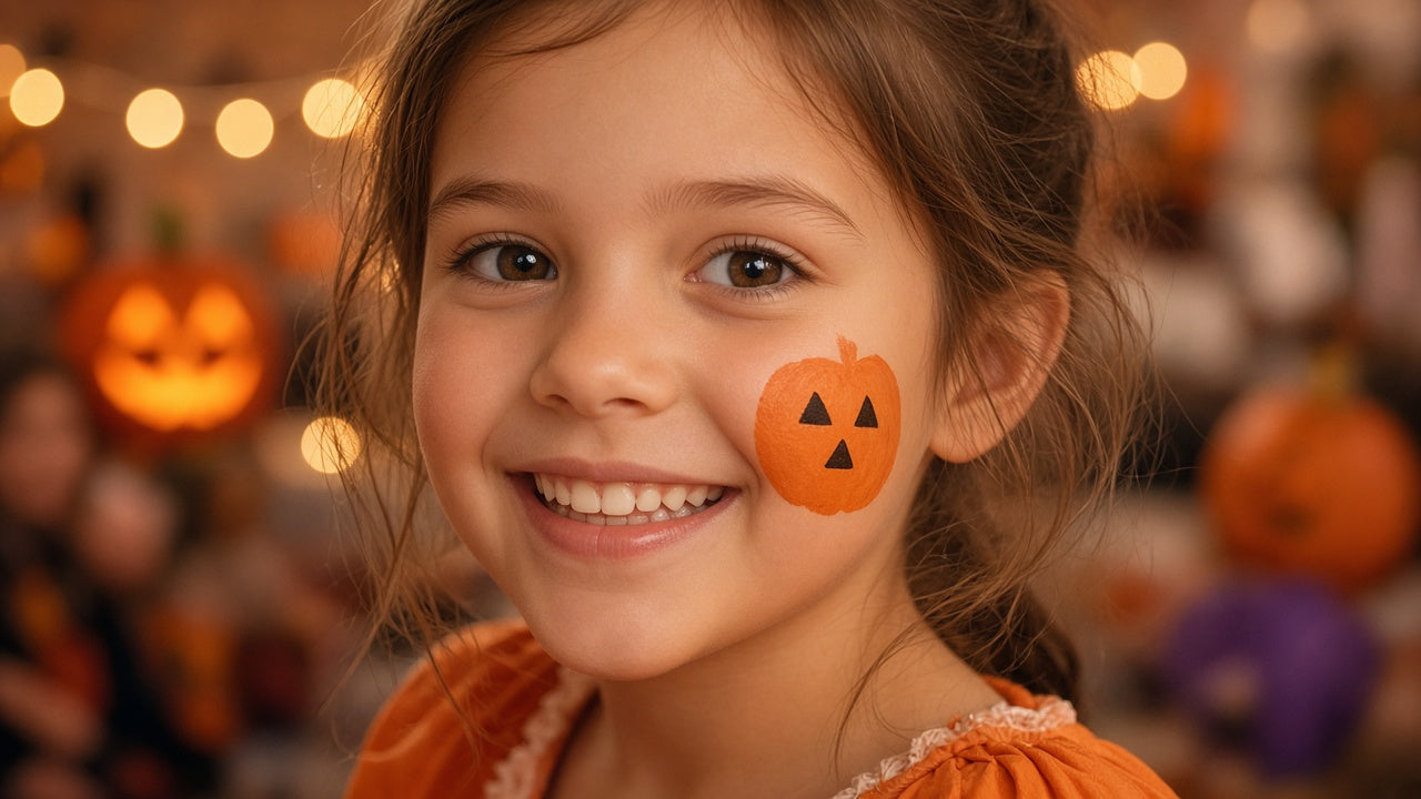 Kind met een eenvoudige pompoenschmink op de wang, halloweenfeest