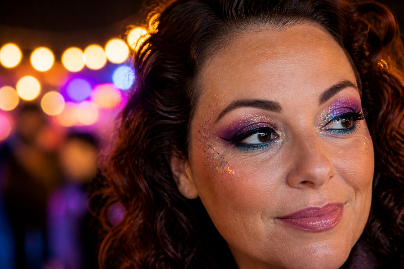 Festivalmake-up met magnetische wimpers in kleurrijk licht