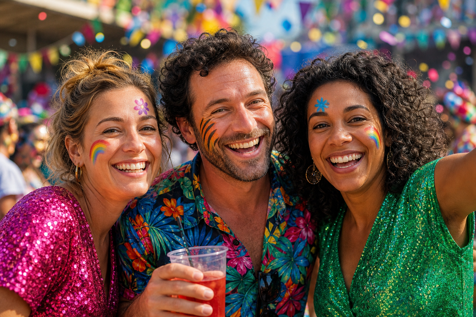 Drie feestelijke schminklooks: regenboogwang, bloem en tijgerstreep