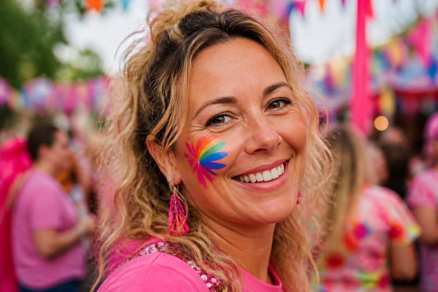 Vrouw met regenboog splitcake-schmink op de wang, festivalsetting