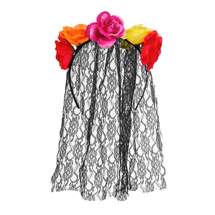 Boland Diadeem La Madrina – Kleurrijke Bloemen met Zwarte Sluier