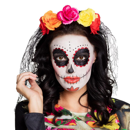 Boland Diadeem La Madrina – Kleurrijke Bloemen met Zwarte Sluier