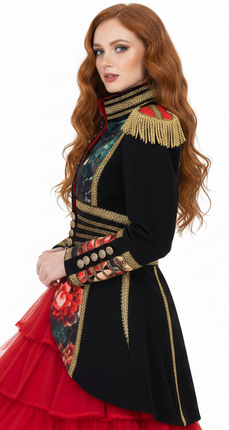 Di Bartelomeo Carnavalsjas Dames zwart met bloemen en pauwenveren