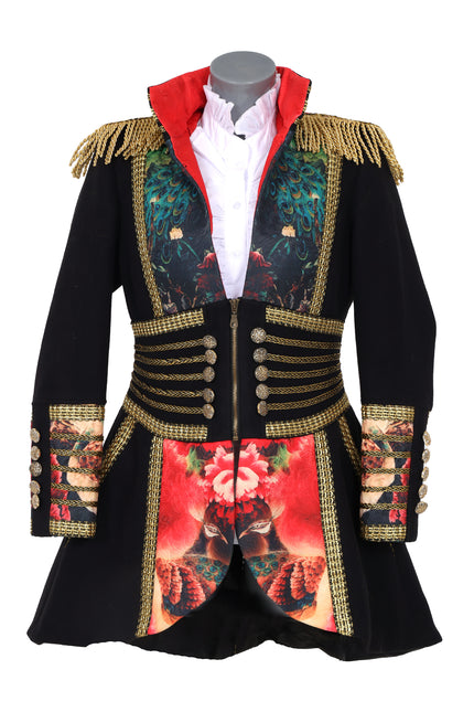 Di Bartelomeo Carnavalsjas Dames zwart met bloemen en pauwenveren