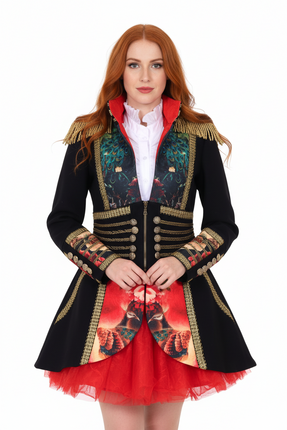 Di Bartelomeo Carnavalsjas Dames zwart met bloemen en pauwenveren