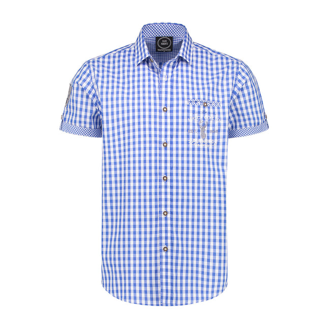 Haus Huberts Trachtenhemd Blauw Wit Geruit Korte Mouw Heren