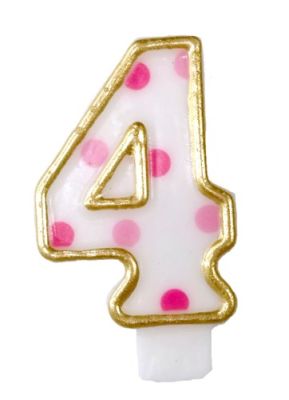 HAZA Witbaard Kaars Cijfer 4 Roze Bolletjes