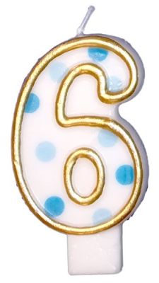 HAZA Witbaard Kaars Cijfer 6 Blauwe Bolletjes