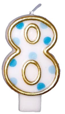 HAZA Witbaard Kaars Cijfer 8 Blauwe Bolletjes