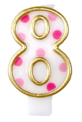 HAZA Witbaard Kaars Cijfer 8 Roze Bolletjes