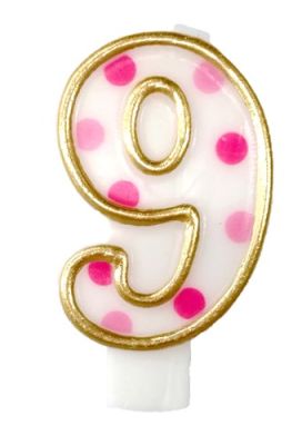 HAZA Witbaard Kaars Cijfer 9 Roze Bolletjes