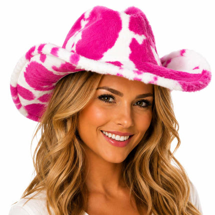 PartyXplosion Cowboyhoed Bont Koeienprint Roze/Wit – Maat 59