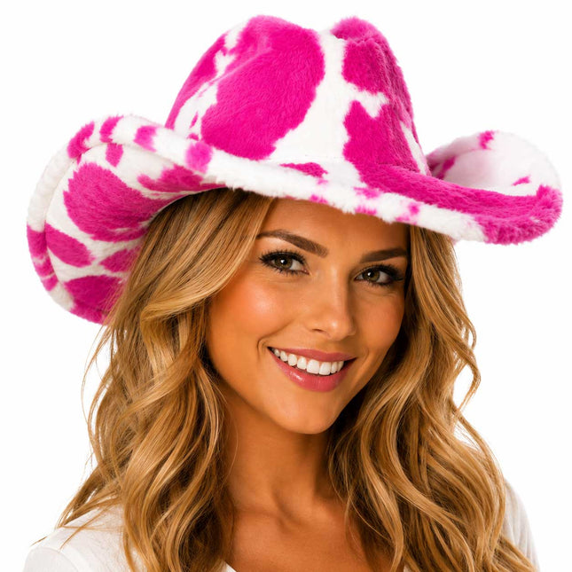 PartyXplosion Cowboyhoed Bont Koeienprint Roze/Wit – Maat 59