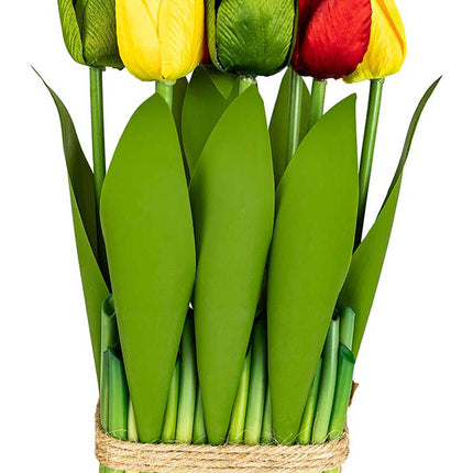 PartyXplosion Deco tulpen rood geel groen in bamboo mandje