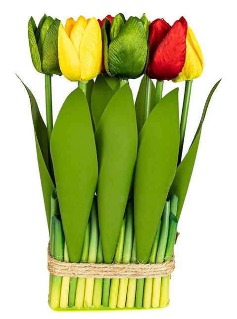 PartyXplosion Deco tulpen rood geel groen in bamboo mandje