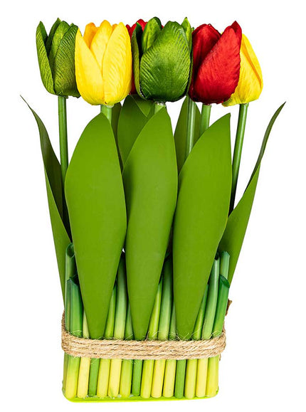 PartyXplosion Deco tulpen rood geel groen in bamboo mandje