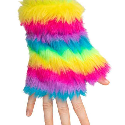 PartyXplosion Handschoenen Vingerloos Pluche Regenboog streep