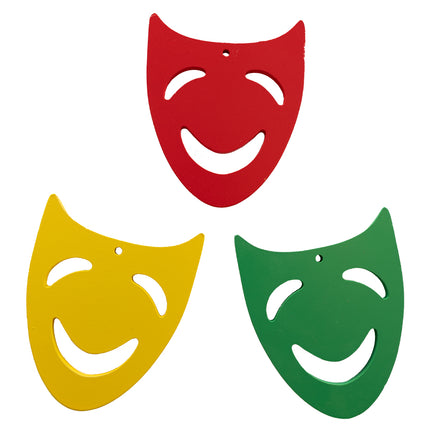 PartyXplosion Houten maskers rood/geel/groen 9x11cm