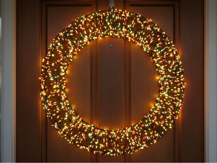 PartyXplosion Metalen LED Deurkrans – Warm Wit & Rood-Geel-Groen