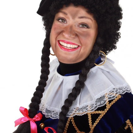 PartyXplosion Pieten Pruik krul zwart met 2 vlechten