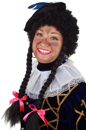 PartyXplosion Pieten Pruik krul zwart met 2 vlechten