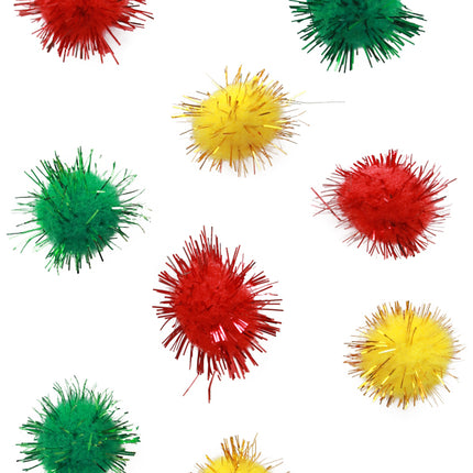 PartyXplosion Pom Poms 2 cm glitter rood/geel/groen (24 stuks)