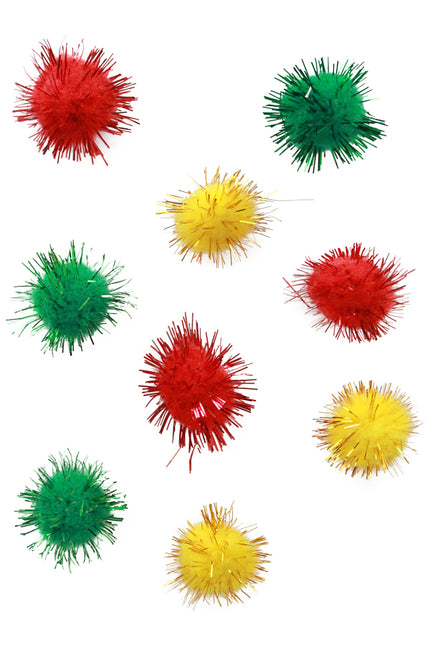 PartyXplosion Pom Poms 2 cm glitter rood/geel/groen (24 stuks)