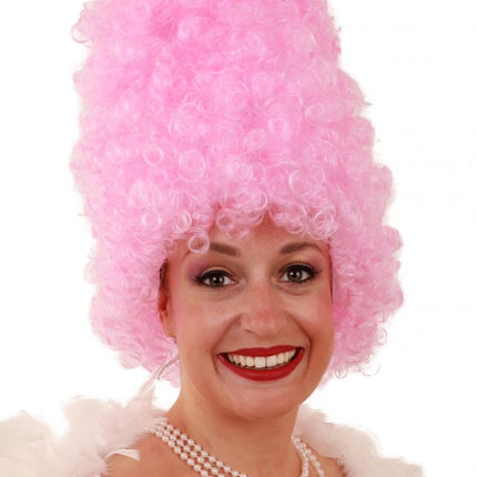 PartyXplosion Pruik Curly suikerspin hoog roze