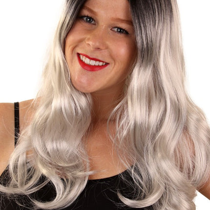 PartyXplosion Pruik Louise grijs zwart lang haar
