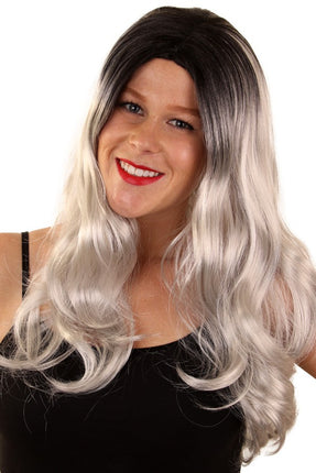PartyXplosion Pruik Louise grijs zwart lang haar