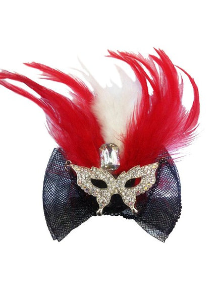 PartyXplosion Rode Haarclip met Oogmasker en veren