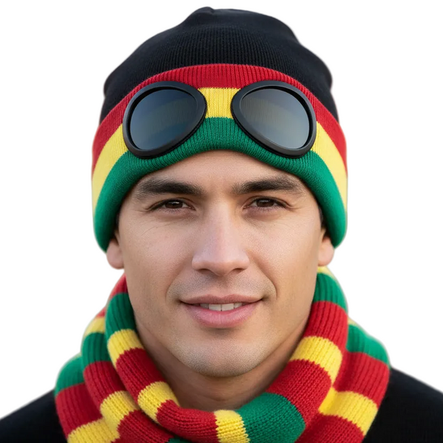 PartyXplosion Skimuts rood/geel/groen met glazen