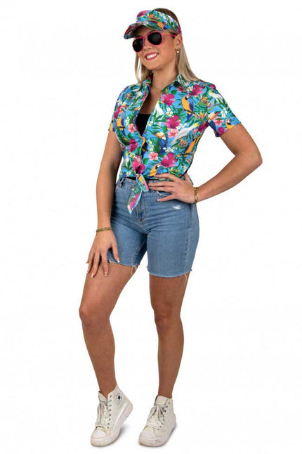 PartyXplosion Tropicana knoopblouse met zonneklep blauw