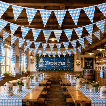 PartyXplosion Vlaggenlijn Ruitjes Blauw/Wit – 10 meter