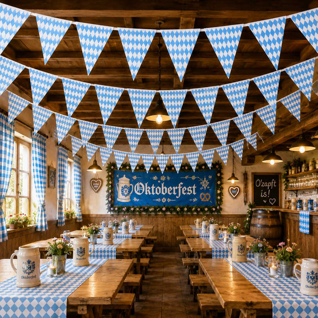 PartyXplosion Vlaggenlijn Ruitjes Blauw/Wit – 10 meter