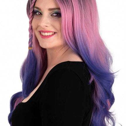 PXP Professional Colours Pruik Rebecca Roze en Blauw met Vlecht