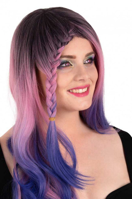 PXP Professional Colours Pruik Rebecca Roze en Blauw met Vlecht