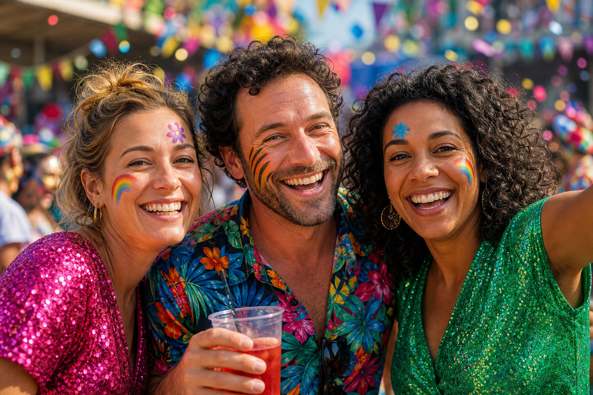 Drie feestelijke schminklooks: regenboogwang, bloem en tijgerstreep