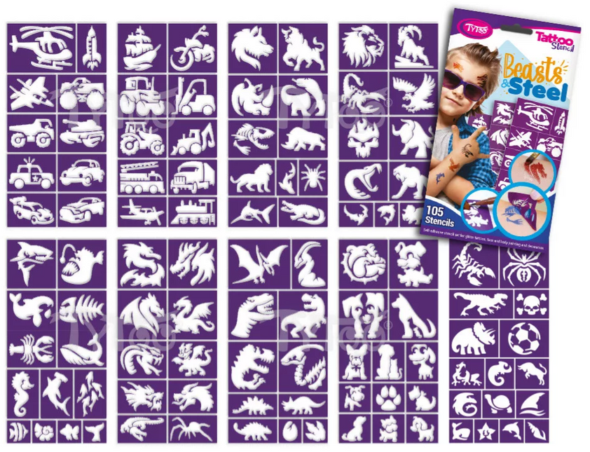 Tytoo Glittertattoo sjablonenset Jongens 105 stuks