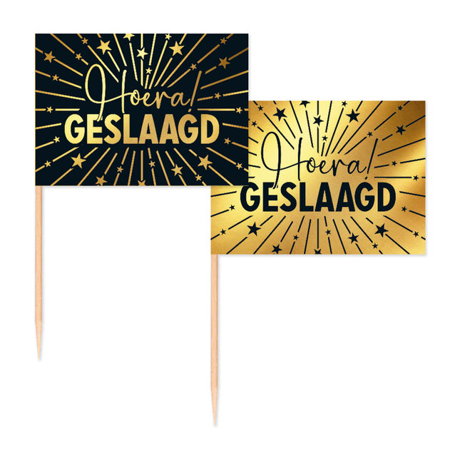 WeFiesta Cocktailprikkers Hoera Geslaagd Goud & Zwart 50 stuks