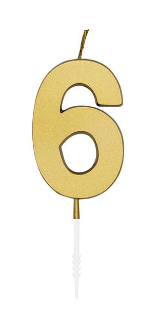 WeFiesta Metallic gouden taartkaars cijfer 6 van 4,5 cm