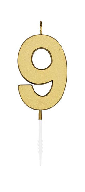 WeFiesta Metallic gouden taartkaars cijfer 9 van 4,5 cm