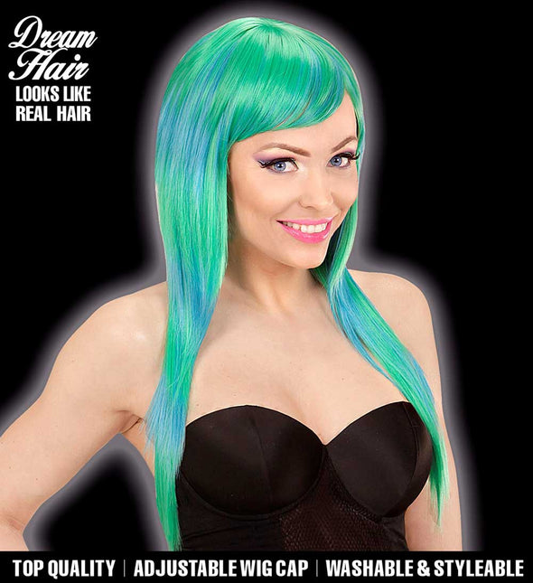 Widmann Milano Party Fashion Dream Hair Pruik Melange Fashion lang groen blauw