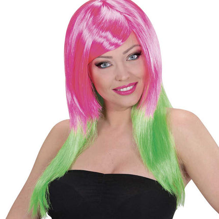 Widmann Milano Party Fashion Two Tone Pruik Roze Groen
