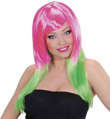 Widmann Milano Party Fashion Two Tone Pruik Roze Groen