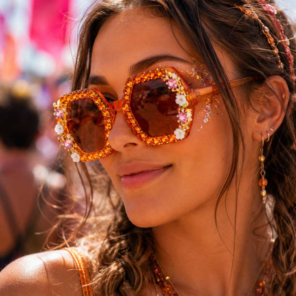 Wilbers & Wilbers Festival Bril Oranje met Strass & Bloemetjes