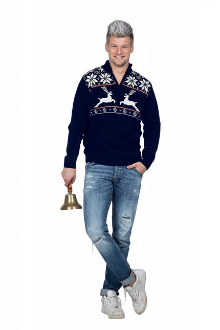 Wilbers & Wilbers Kersttrui rendier donderblauw met rits