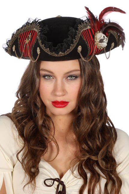 Wilbers & Wilbers Piraten Hoed Luxe Zwart Rood Dames