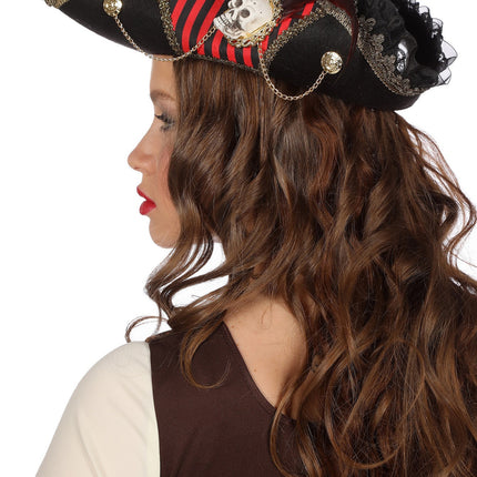 Wilbers & Wilbers Piraten Hoed Luxe Zwart Rood Dames